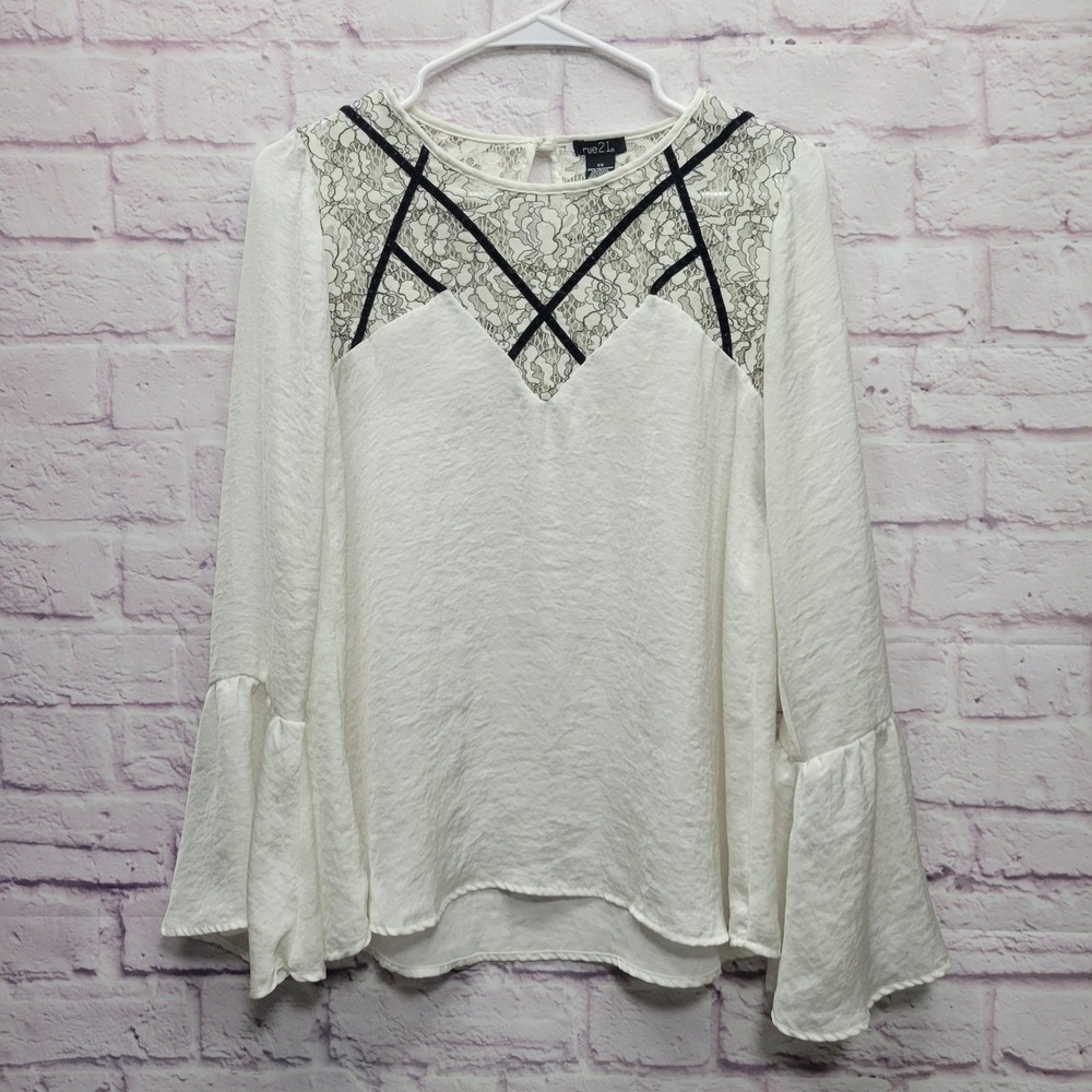 Rue 21 Silky Boho Blouse XS Oversized Bell Sleeves Black Lacy Fairycore Festival